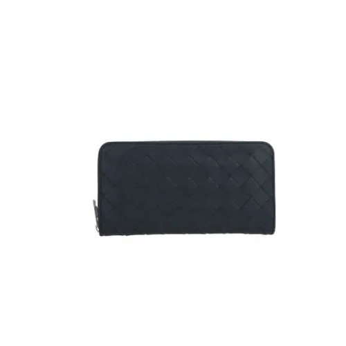Bottega Veneta , Dark Blue Intrecciato Leather Zip-around Wallet ,Black male, Sizes: ONE SIZE