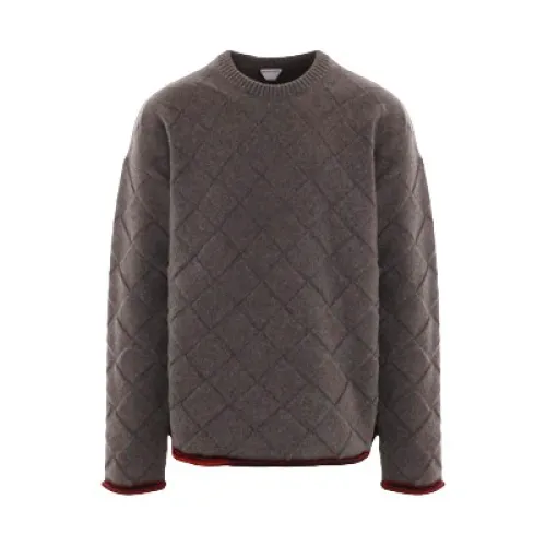 Bottega Veneta , Grey Intrecciato Knit Sweater with Rolled Contrast Edges ,Gray male, Sizes:
