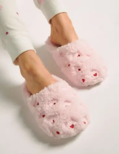 Boux Avenue Womens Faux Fur Heart Embroidered Mule Slippers - 5-6 - Pink Mix, Pink Mix