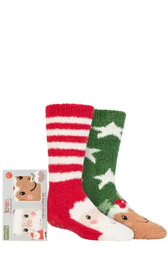 Boys and Girls 2 Pair Totes Chunky Christmas Novelty Slipper Socks with Pom Pom Detail Santa / Pudding 2-3 Years