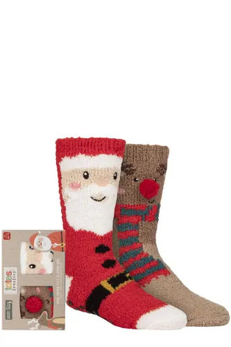 Boys and Girls 2 Pair Totes Chunky Christmas Novelty Slipper Socks with Pom Pom Detail Santa / Reindeer 2-3 Years