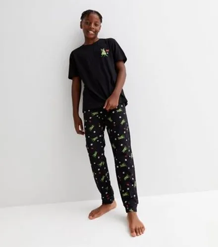 Boys Black Jogger Pyjama Set with Christmas Dinosaur Print New Look