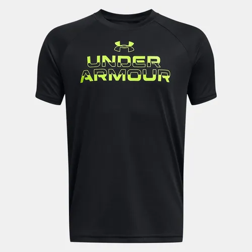 Boys'  Under Armour  Tech™ Split Wordmark Short Sleeve Black / High Vis Yellow YSM (50 - 54 in)