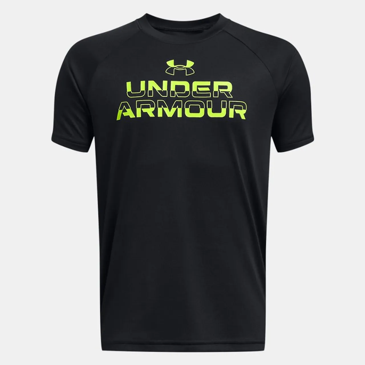 Boys'  Under Armour  Tech™ Split Wordmark Short Sleeve Black / High Vis Yellow YSM (50 - 54 in)