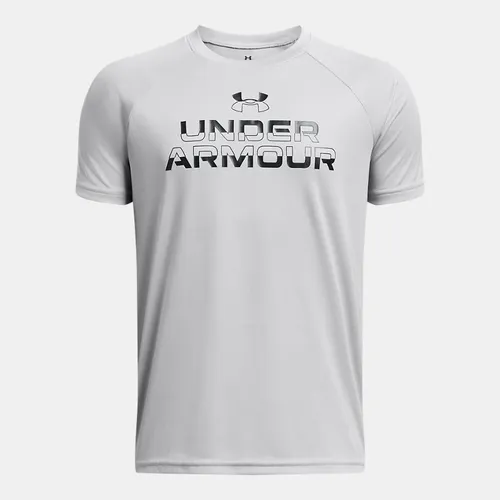 Boys'  Under Armour  Tech™ Split Wordmark Short Sleeve Mod Gray / Black YLG (59 - 63 in)