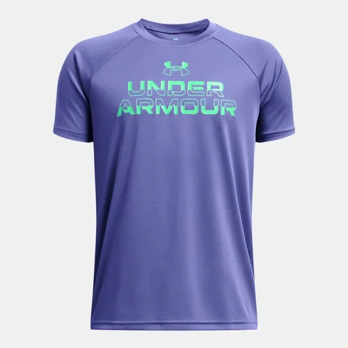 Boys'  Under Armour  Tech™ Split Wordmark Short Sleeve Starlight / Vapor Green YSM (50 - 54 in)