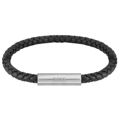 Braided Black Leather & Stainless Steel Bracelet