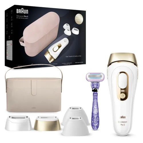 Braun Ipl Silk-Expert Pro 5, At Home Hair Removal Device With Pouch, White/Gold, Pl5347