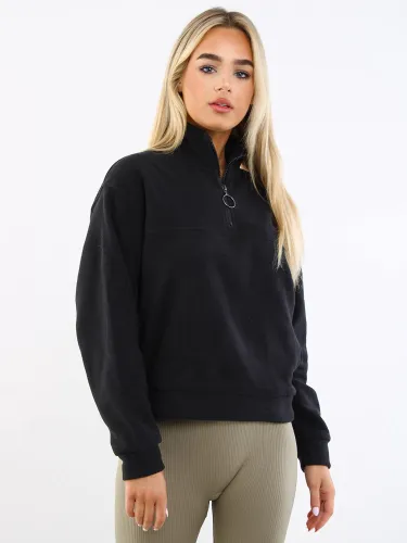 Brave Soul Black Zip Detail Cropped Polar Fleece Sweatshirt