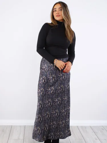 Brave Soul Grey / Black Tiger Print Satin Long Skirt