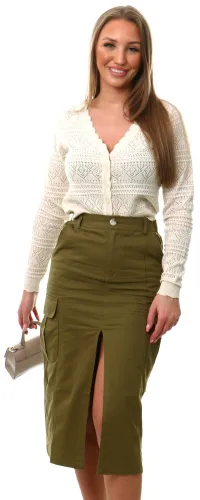 Brave Soul Khaki Cargo Style Front Slit Midi Denim Skirt