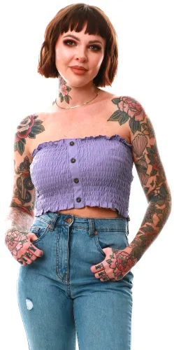 Brave Soul Lilac Pastel Shirred Button Detail Bandeau Top