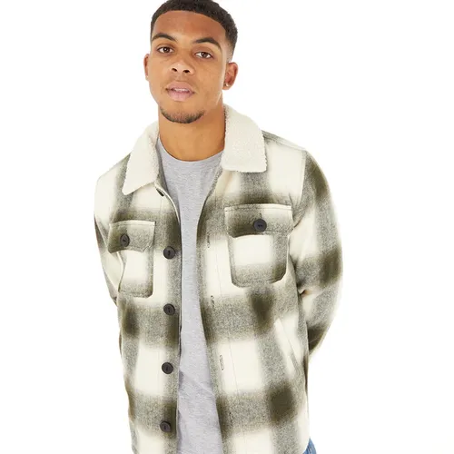 Brave Soul Mens Augustus Checked Sherpa Collar Jacket Green/Cream Check