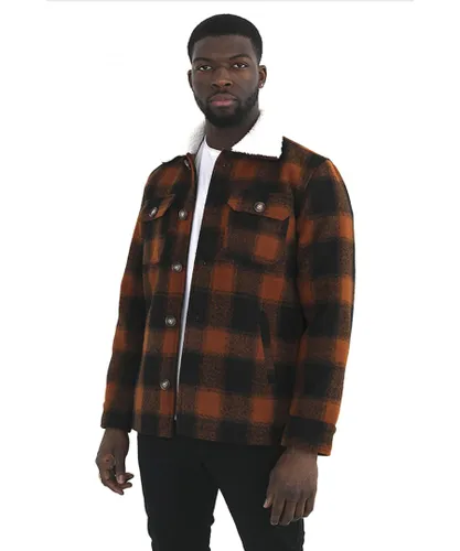 Brave Soul Mens Black 'Augustus' Checked Jacket With Sherpa Collar - Multicolour Polyester Woven