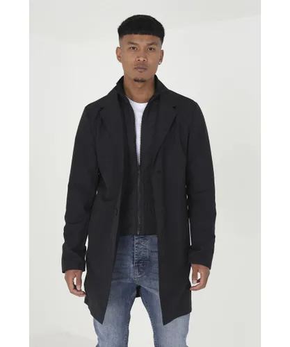 Brave Soul Mens Black 'Umpire' Single Breasted Mac With Mock Layer