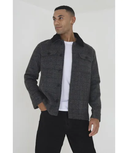 Brave Soul Mens Charcoal 'Augustus' Checked Jacket With Sherpa Collar