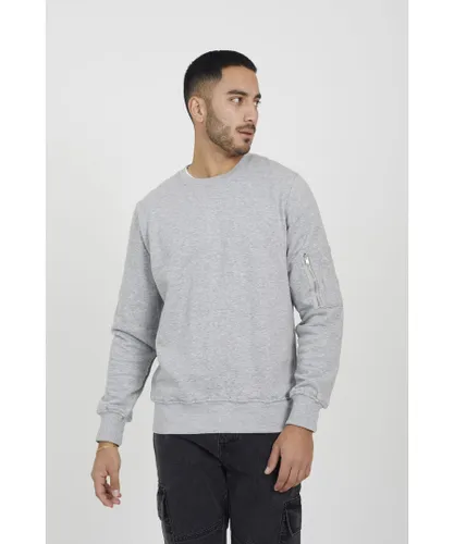 Brave Soul Mens Light Grey Zip Pocket Sleeve Detail Sweatshirt