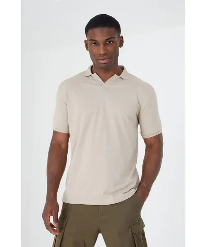 Brave Soul Mens Light Sand 'Dominican' Short Sleeve Jacquard Trim Polo Shirt Cotton