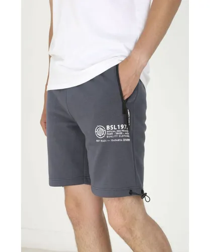Brave Soul Mens Mid Blue 'Ghetts' Drawcord Zip Pocket Fleece Shorts Cotton