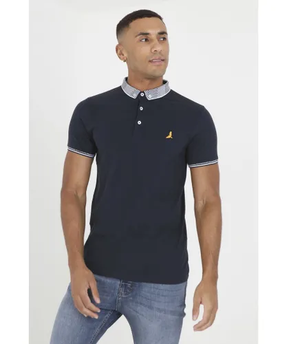 Brave Soul Mens Navy 'Glover' Short Sleeve Jacquard Collar Jersey Polo Shirt Cotton