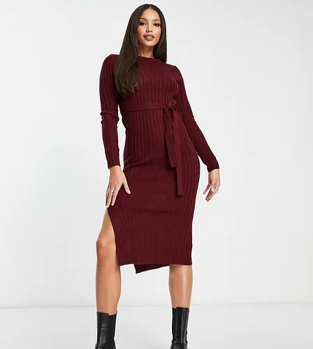 Brave Soul Tall eddie knitted dress with slit in burgundy-Red