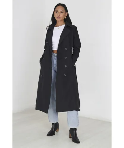 Brave Soul Womens Black Double-Breasted Longline Trench Coat