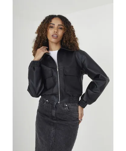 Brave Soul Womens Black 'Lutana' Faux Leather Zip Through Bomber Jacket