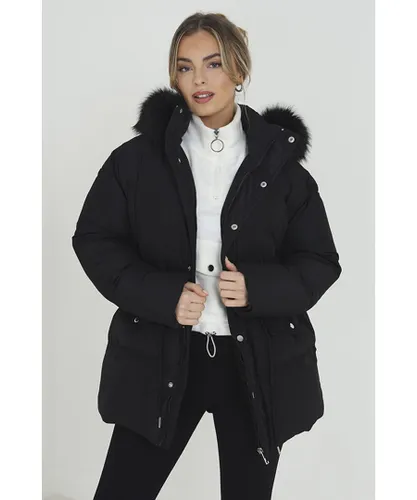 Brave Soul Womens Black 'Narla' Mid Length Puffer Parka With Faux Fur Hood