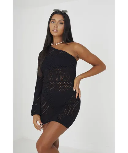 Brave Soul Womens Black 'Summer' One Sleeve Crochet Knit Beach Dress Cotton