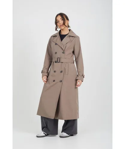 Brave Soul Womens Brown Double-Breasted Longline Trench Coat