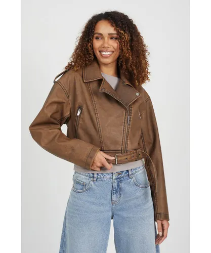 Brave Soul Womens Brown 'Vic' Faux Leather Cropped Biker Jacket