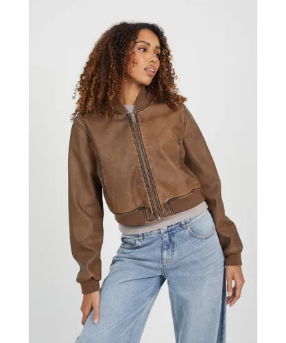 Brave Soul Womens Brown Vintage Pu 'Benoite' Cropped Bomber Jacket