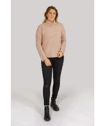 Brave Soul Womens Cowl Roll Neck Ribbed Jumper - Pink