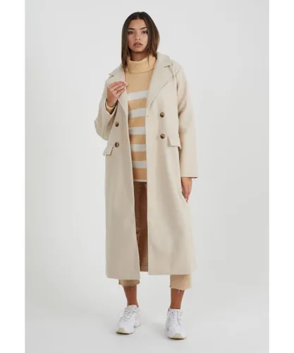 Brave Soul Womens Cream 'Annabell' Double Breasted Faux Wool Longline Coat