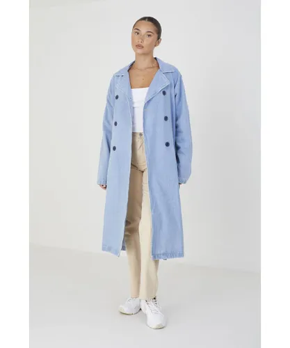 Brave Soul Womens Denim Double-Breasted Longline Trench Coat With Raglan Sleeves - Blue