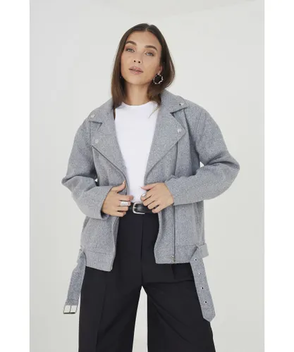 Brave Soul Womens Grey 'Yasmin' Faux Wool Oversized Biker Style Jacket