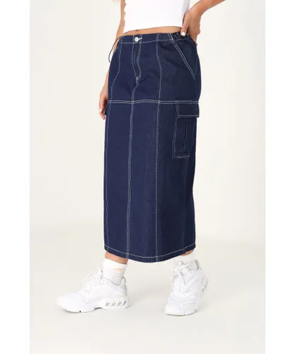 Brave Soul Womens Indigo 'Fallon' Denim Midi Skirt With Utility Pockets And Contrat Seams - Indigo Blue