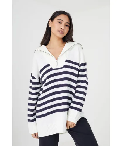 Brave Soul Womens Ivory 'Fashion' Striped Oversized 1/2 Zip Knitted Jumper