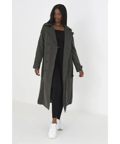 Brave Soul Womens Khaki Double-Breasted Longline Trench Coat With Detachable Hood