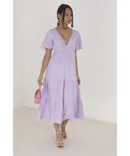 Brave Soul Womens Lilac 'Hegal' V-Neck Flutter Sleeve Tiered Midi Dress