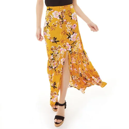 Brave Soul Womens Malia Long Skirt Yellow Floral