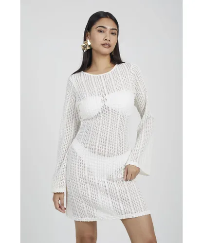 Brave Soul Womens Off White 'Maddy' Long Sleeve Knitted Mesh Mini Dress