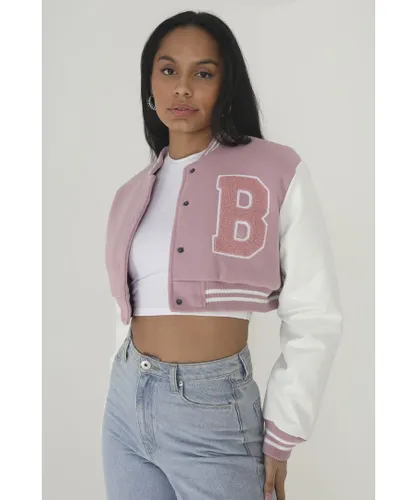 Brave Soul Womens Pink Faux Wool 'Lucy' Cropped Varsity Bomber Jacket
