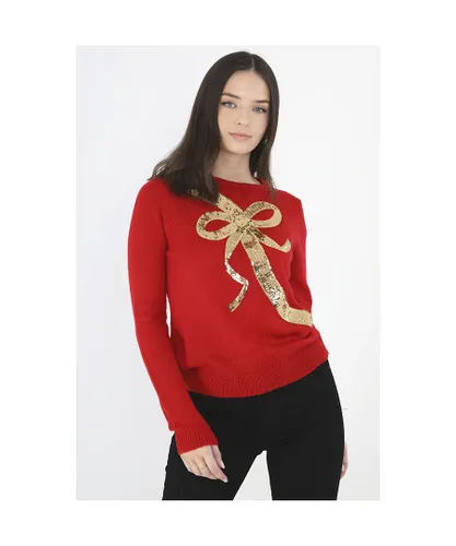 Brave Soul Womens Red 'Gift' Sequin Bow Novelty Christmas Jumper