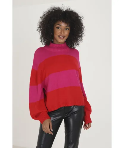 Brave Soul Womens Red 'Mollie' Crew Neck Striped Jumper With Balloon Sleeves