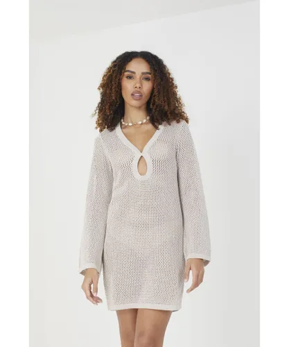 Brave Soul Womens Stone 'Birdie' Long Sleeve Knit Mesh Dress With Eyelet Detail Cotton