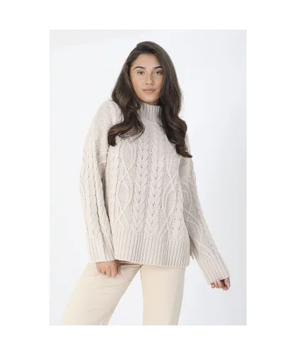 Brave Soul Womens Stone 'Bivaco' Roll Neck Cable Knit Jumper