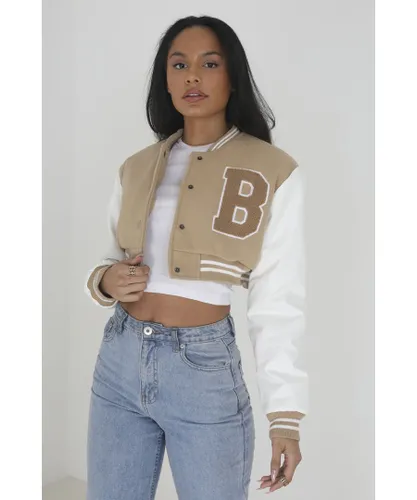 Brave Soul Womens Stone Faux Wool 'Lucy' Cropped Varsity Bomber Jacket