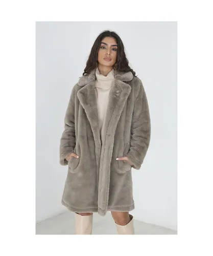 Brave Soul Womens Taupe 'Adri' Double Breasted Faux Fur Coat
