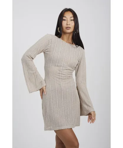 Brave Soul Womens Taupe 'Maddy' Long Sleeve Knitted Mesh Mini Dress